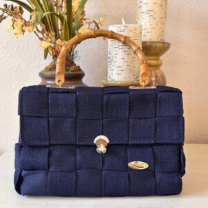 Blue "Loredana of Italy" Woven Satchel with Bamboo Handle in VGVC